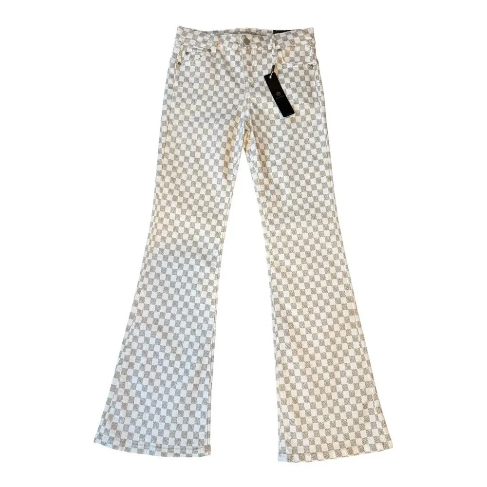 Tractr Kids Tan White Checkered Mid Rise Flare Jeans Size 10 New with Tags NWT